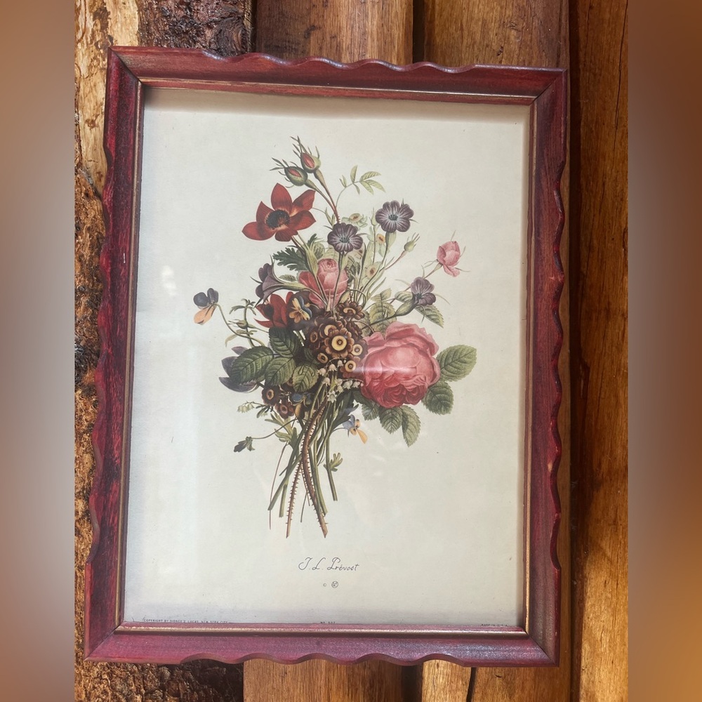 Vintage Framed Floral Print in Red Wood Frame - 9x12 Wall Art JL Prevost